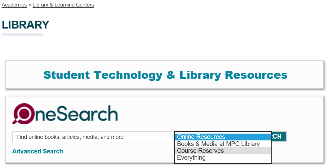 Screenshot of the Library's OneSearch Course Reserves search bar