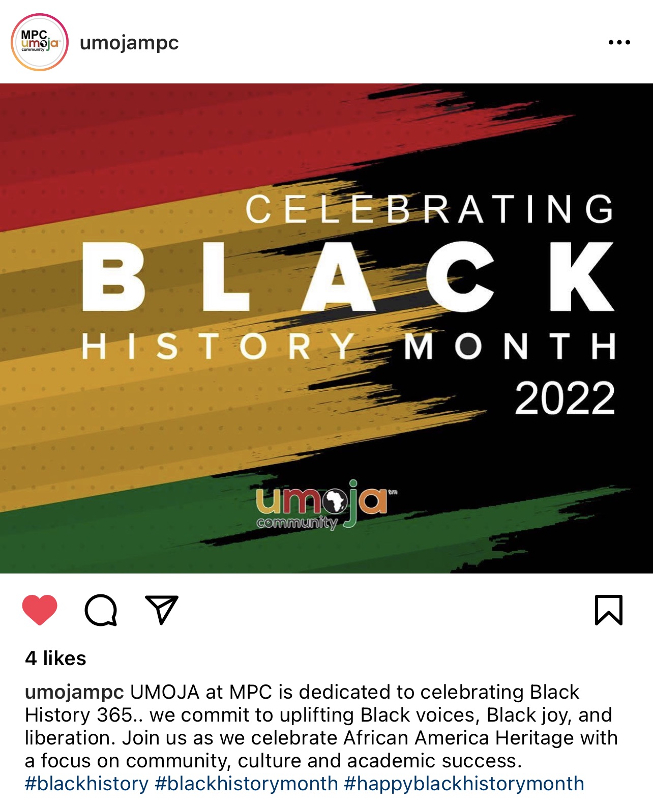 Image of Instagram Post "Celebrating Black History Month 2022" inviting the community to join them and check each day for posts that uplift Black voices, Black joy, and liberation.