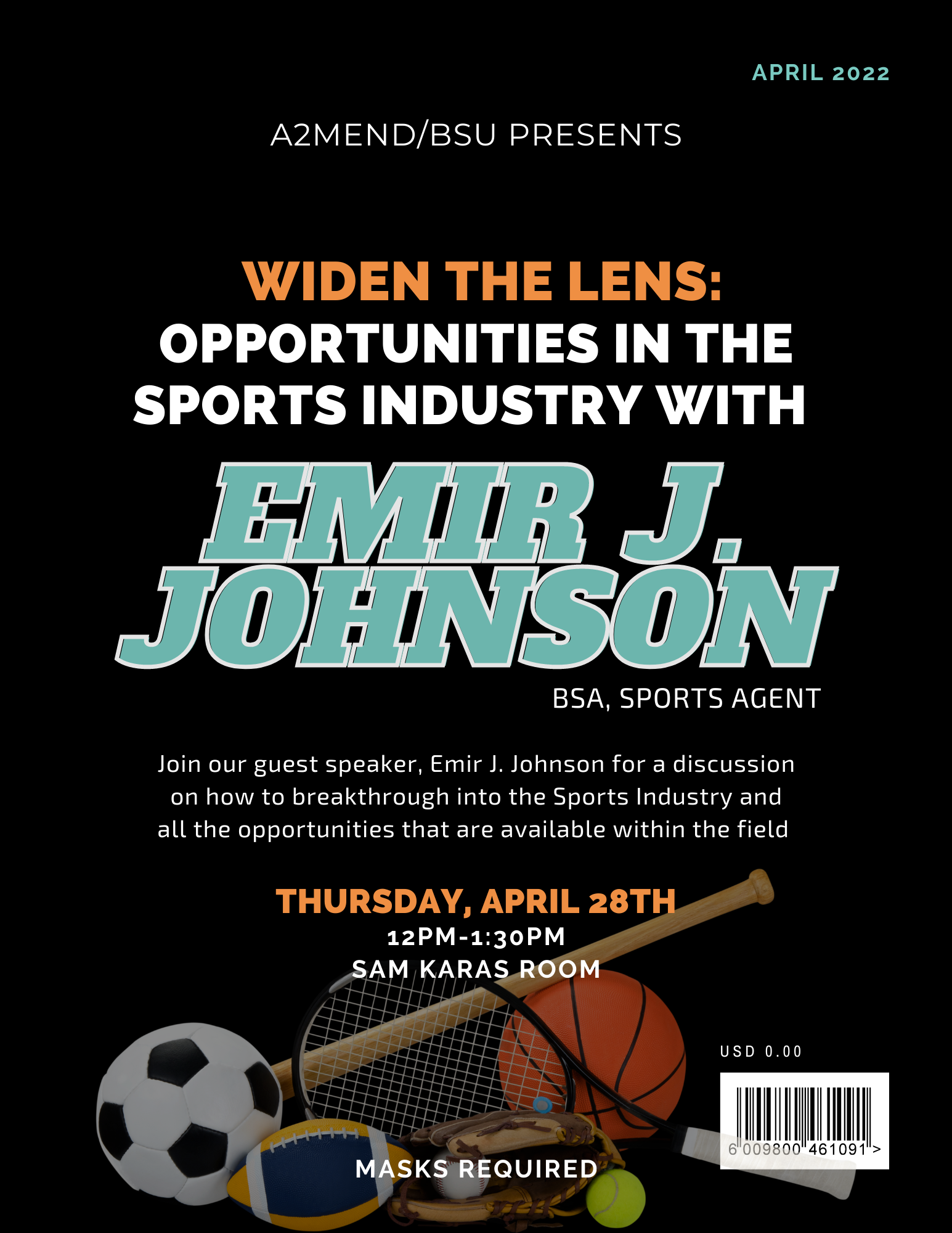 Flyer promoting the Black Student Success Week 2022 Guest Speaker Emir Johnson on opportunities within the sports industry