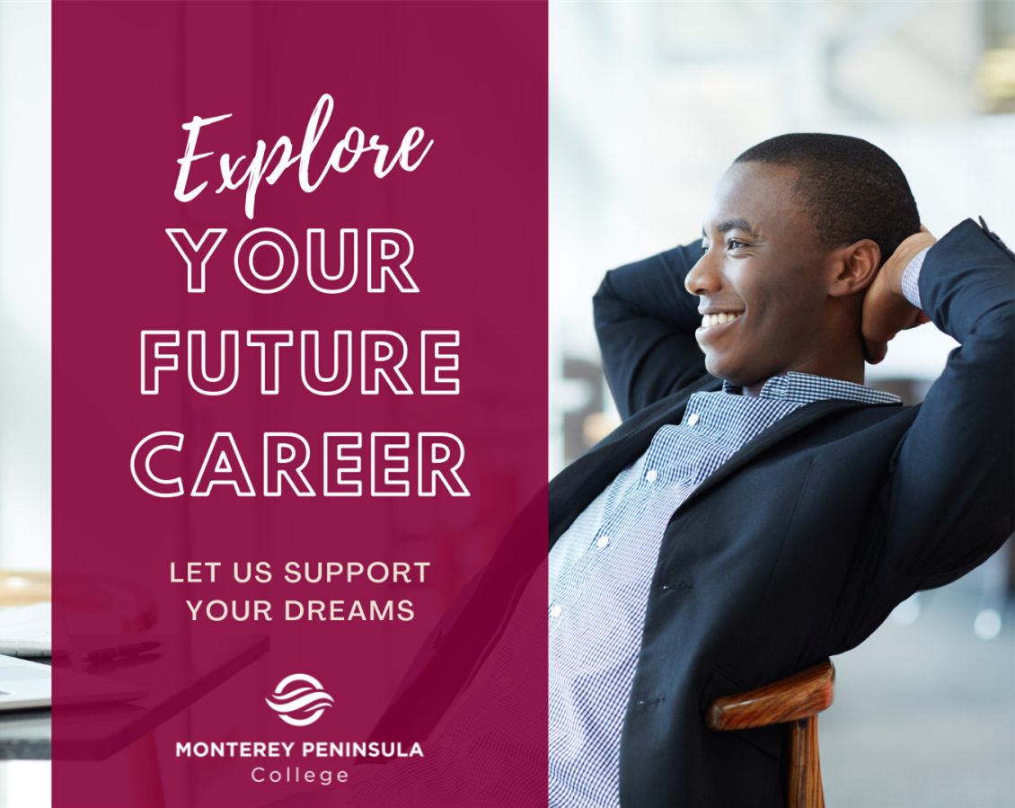 Image that says "Explore Your Future Career" and has a man leaning back in a chair with his hands clasped behind his head.  Images links to a webpage with information and materials to help identify a major and career.