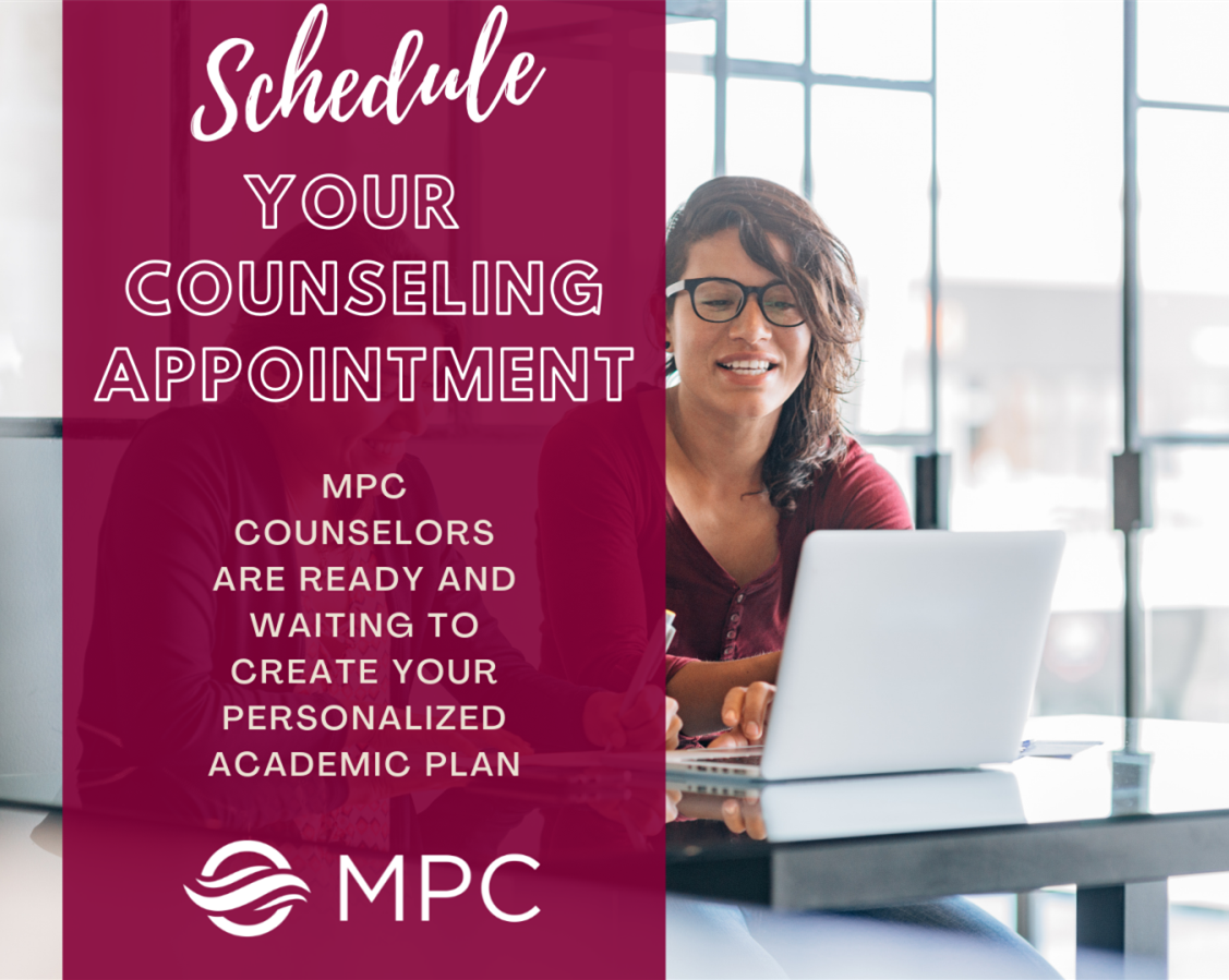 Image that says "Schedule your counseling appointment" and has an image of a woman at a desk using a laptop computer that links to the General Counseling webpage