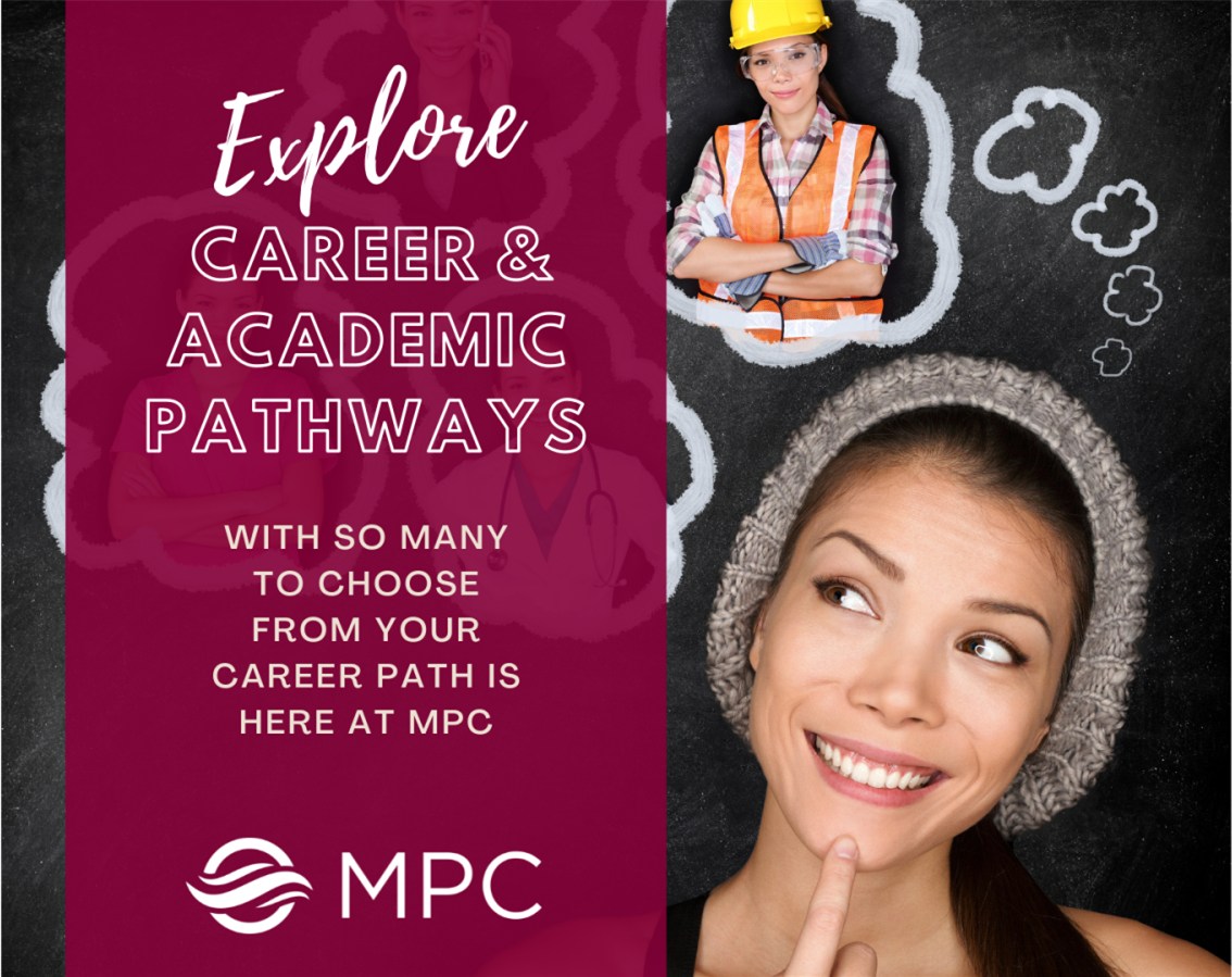 Image that says "Explore Career & Academic Pathways," has an image of a woman thinking about herself in construction position wearing a hard hat and reflective vest.  The image links to the Career and Academic Pathways webpage.