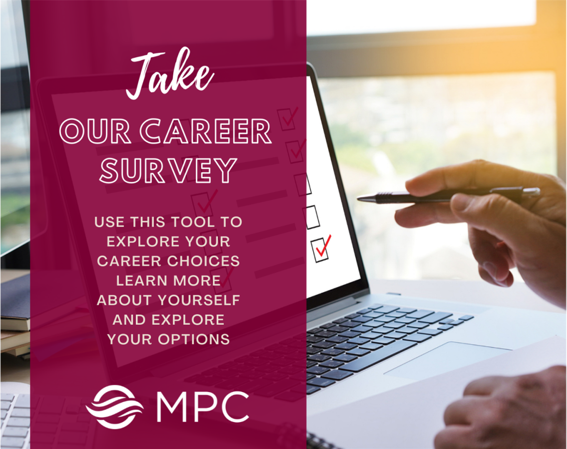 Image that says "Take a Career Survey," has an image of a hand holding a pin pointing at a laptop, and links to the webpage with several career assessment tools.