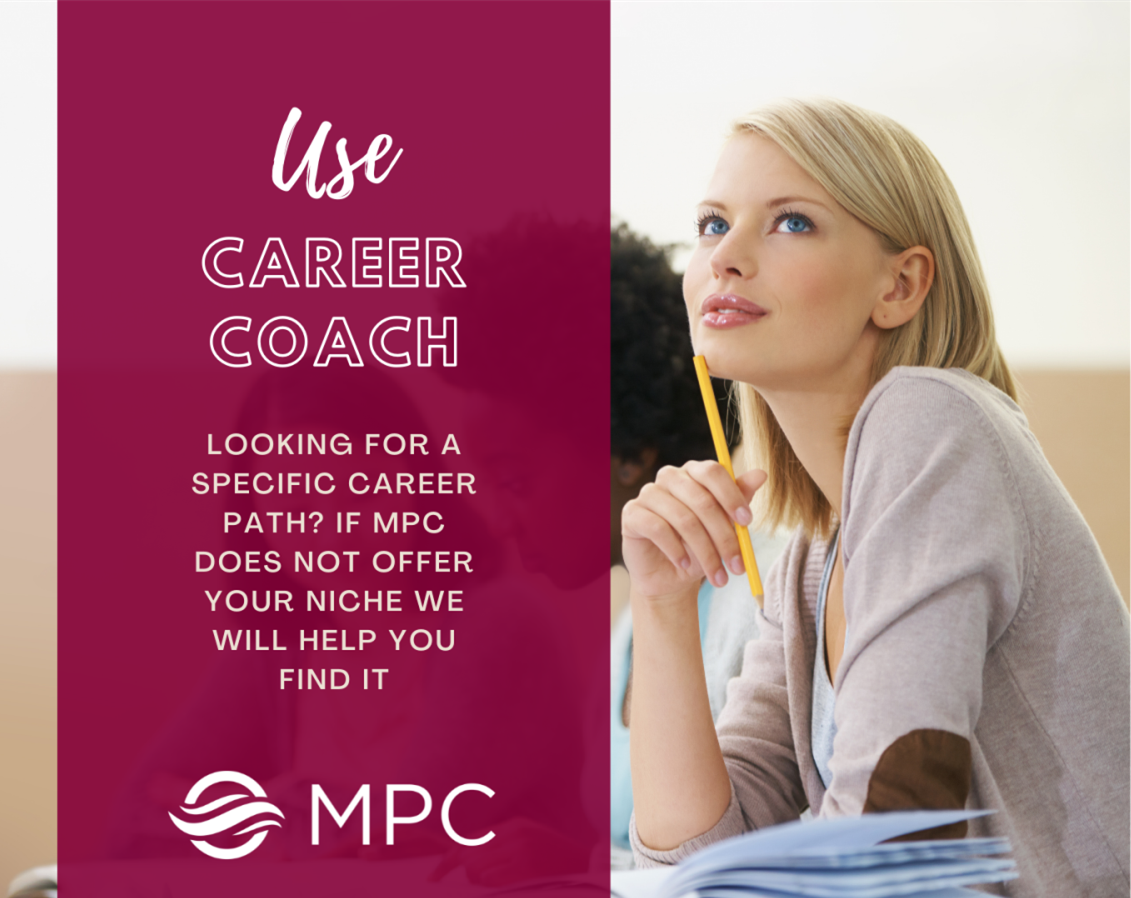 Image that says "Use career coach" and has the image of a woman looking up in thought" and links to the Career Coach career assessment tool.